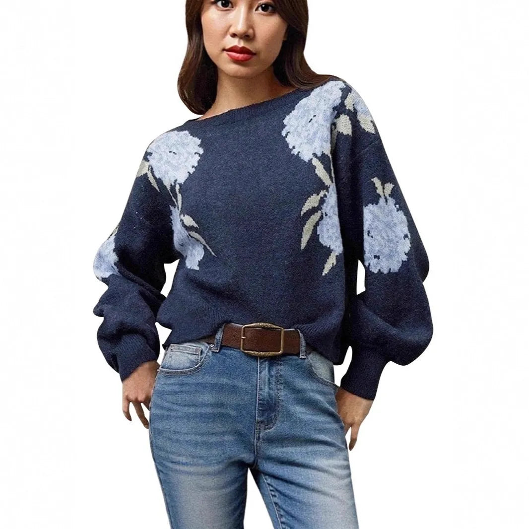 Sapphire blue women's pullover with jacquard floral pattern, loose fit with regular long sleeves