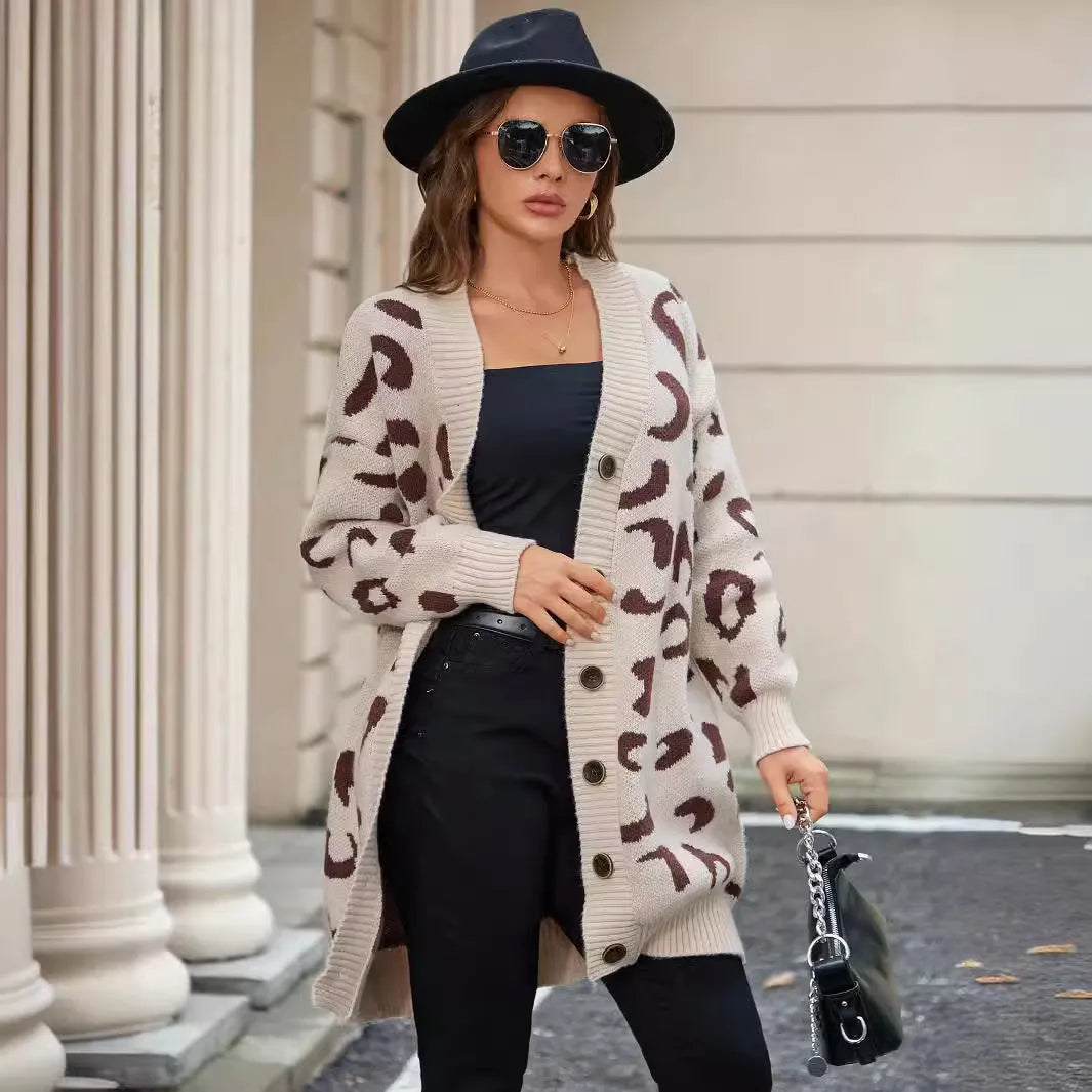 Women's apricot mid-length leopard print cardigan coat, loose fit, button front, long sleeves, 65cm length, polyester