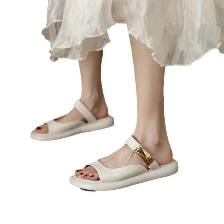 Apricot and white peep toe flat platform sandals with a French soft leather upper.