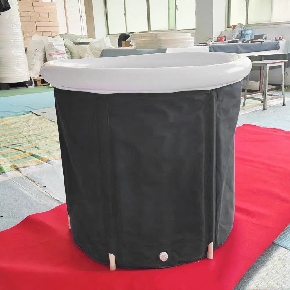 Black portable inflatable PVC ice bath with weather lid, shown at 70x80cm size