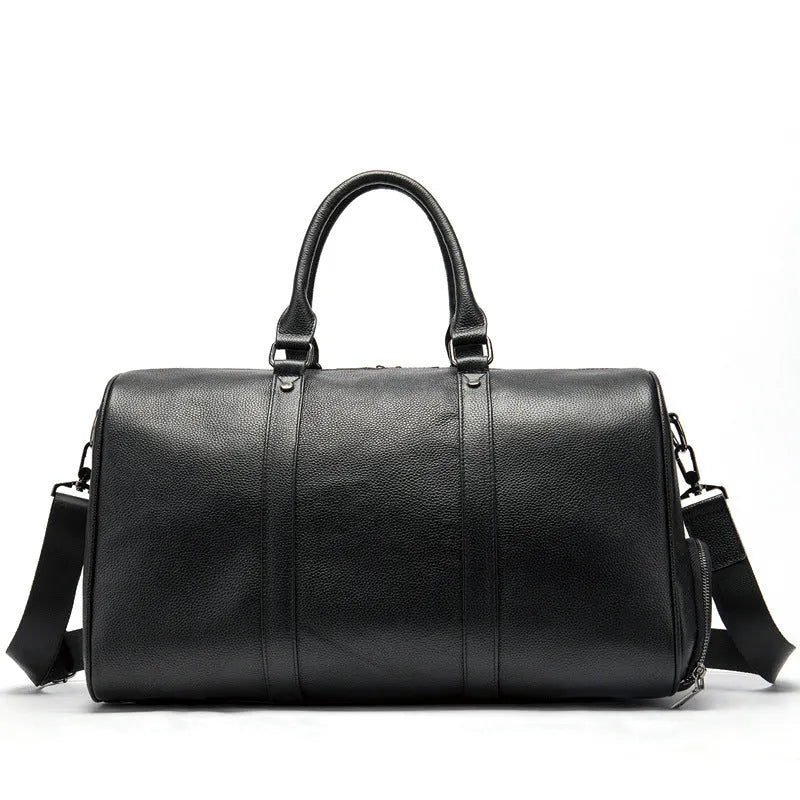 Men's black leather tote bag with single strap, showing 44cm length and plain design