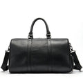 Men's black leather tote bag with single strap, showing 44cm length and plain design