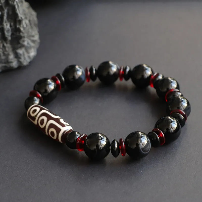 Hand-woven black agate dzi bead bracelet with 11mm geometry beads in national style design