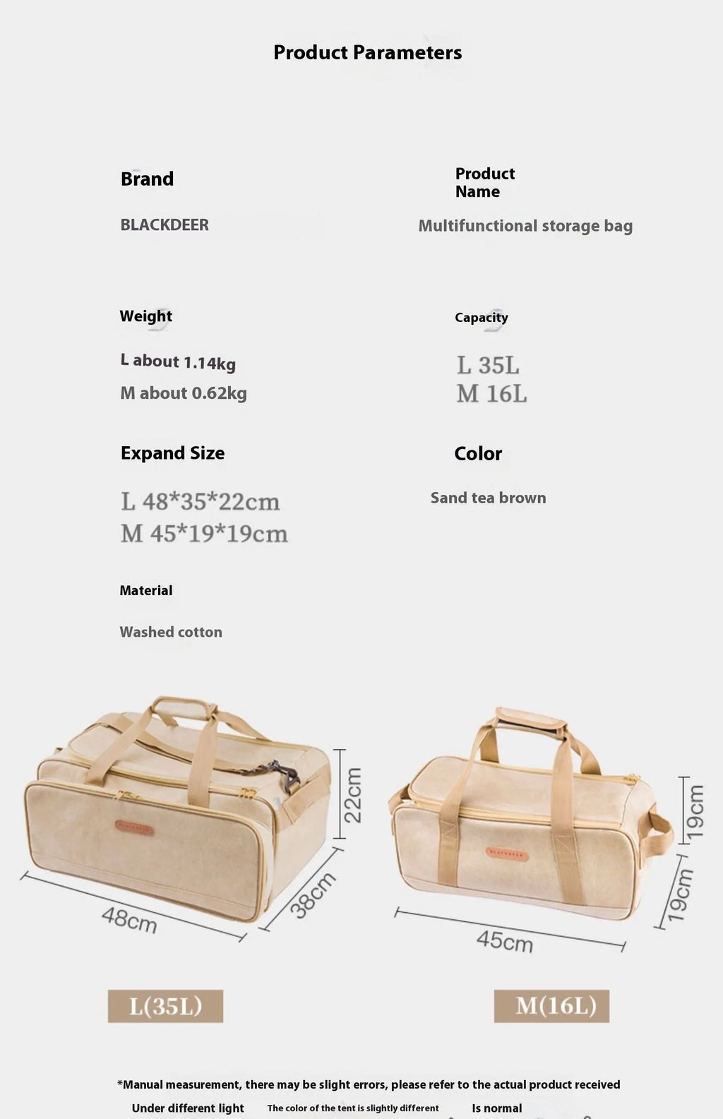 Green Oxford cloth camping kitchenware storage bag showing 16L and 35L size options for gas tanks and cookware.