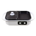 White or green dual-use electric hot pot and frying oven with mechanical dial, dimensions 390mm x 220mm x 120mm.