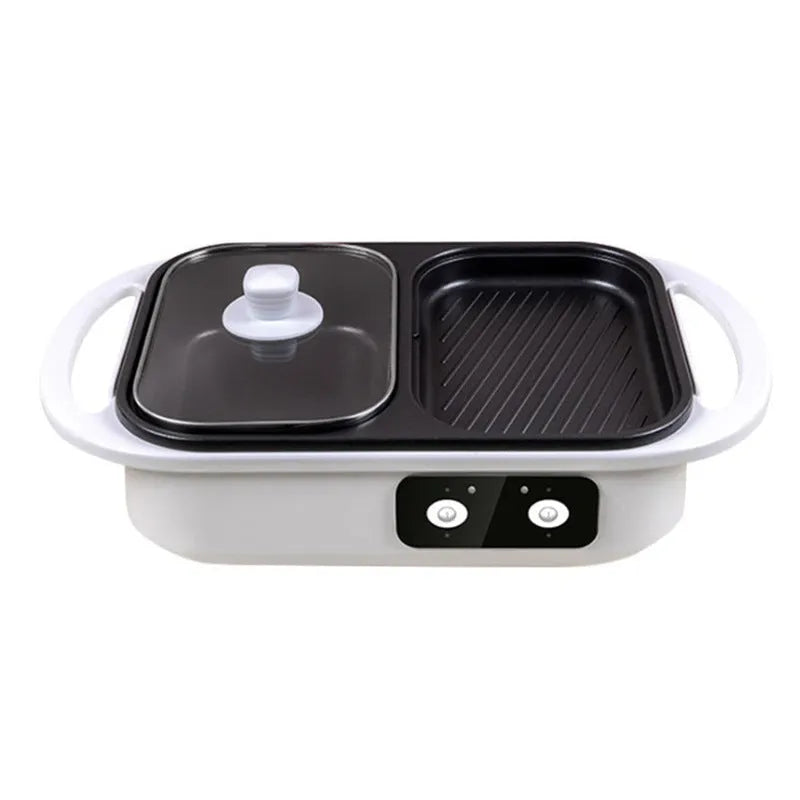 White or green dual-use electric hot pot and frying oven with mechanical dial, dimensions 390mm x 220mm x 120mm.