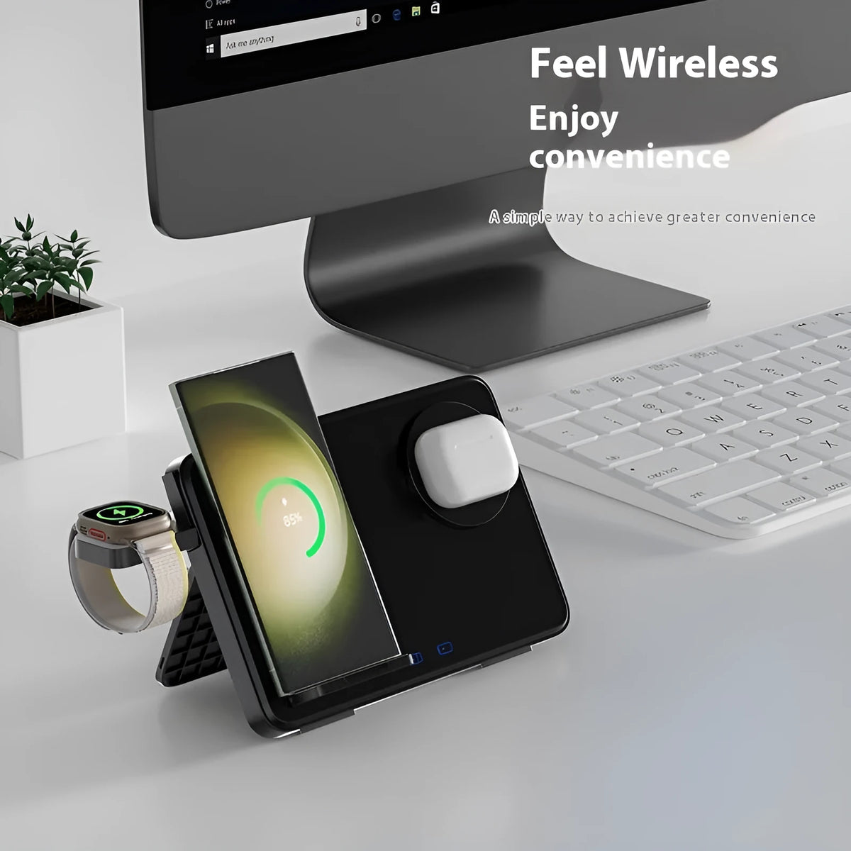 15W three-in-one wireless charger in Black or Ivory White, 184x21.5x130mm, with magnetic charging and QC3.0.