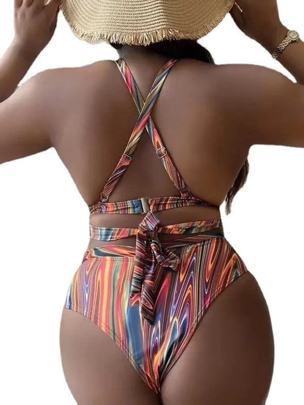 Women's floral print high waist bikini swimsuit on a hanger