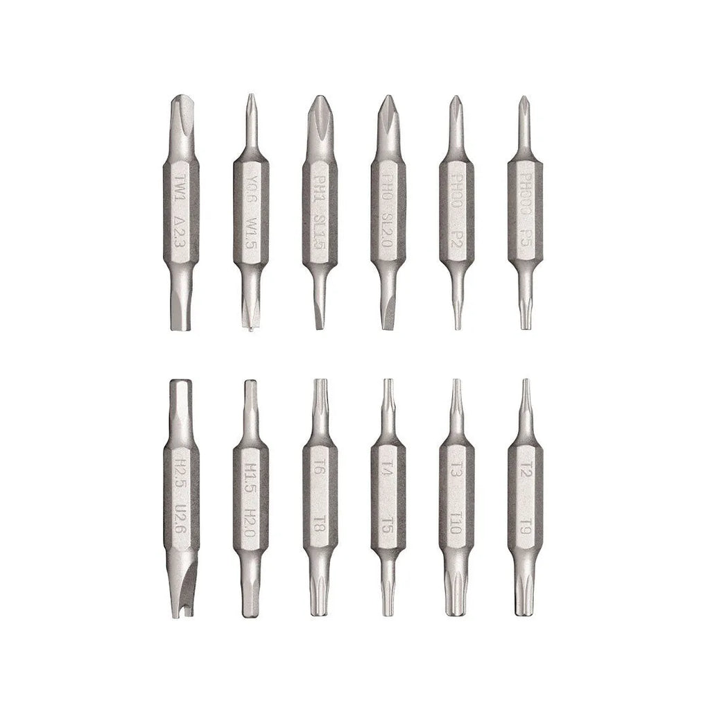 Black repair screwdriver set with 24-in-1 bits for mobile phone and computer disassembly, showing aluminium alloy body and magnetic storage.