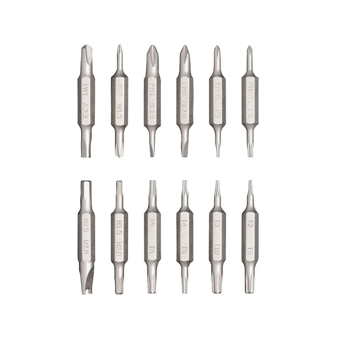 Black repair screwdriver set with 24-in-1 bits for mobile phone and computer disassembly, showing aluminium alloy body and magnetic storage.