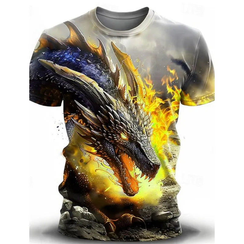 Men's casual T-shirt with 3D wind dragon print on milk silk fabric, short sleeves, pullover style