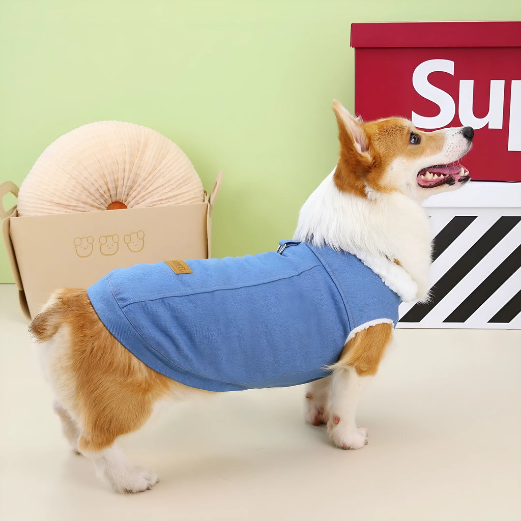 Blue denim cotton coat for a corgi dog, shown in dark and light blue colour options.