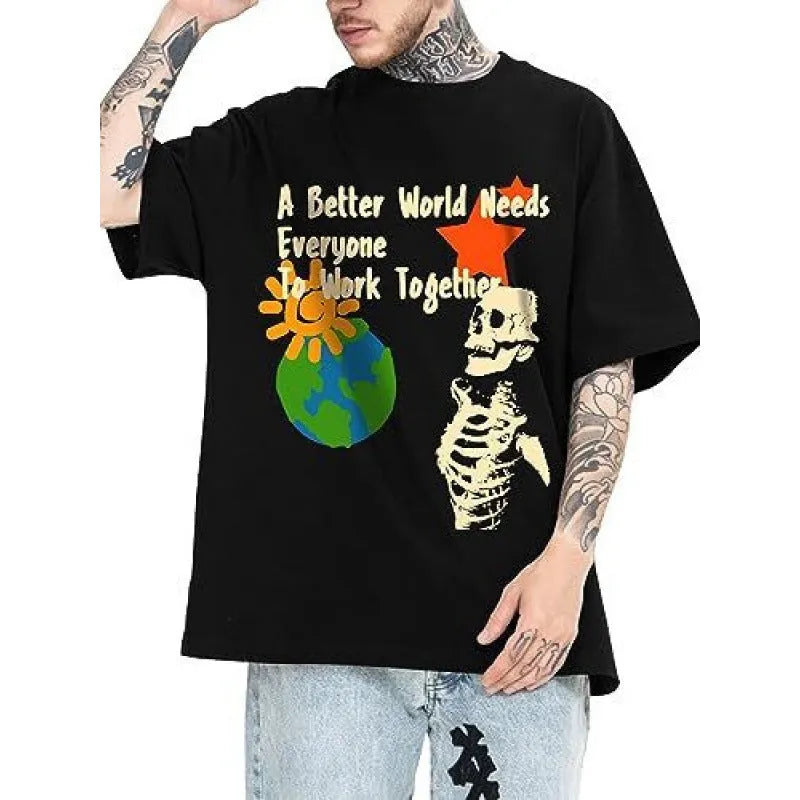 Printed men's street short-sleeved sports t-shirt with digital pattern on flat mop cloth fabric
