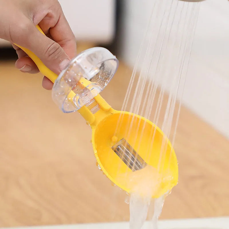 Yellow peeling knife with attached plastic storage lid for fruit and potato peelings