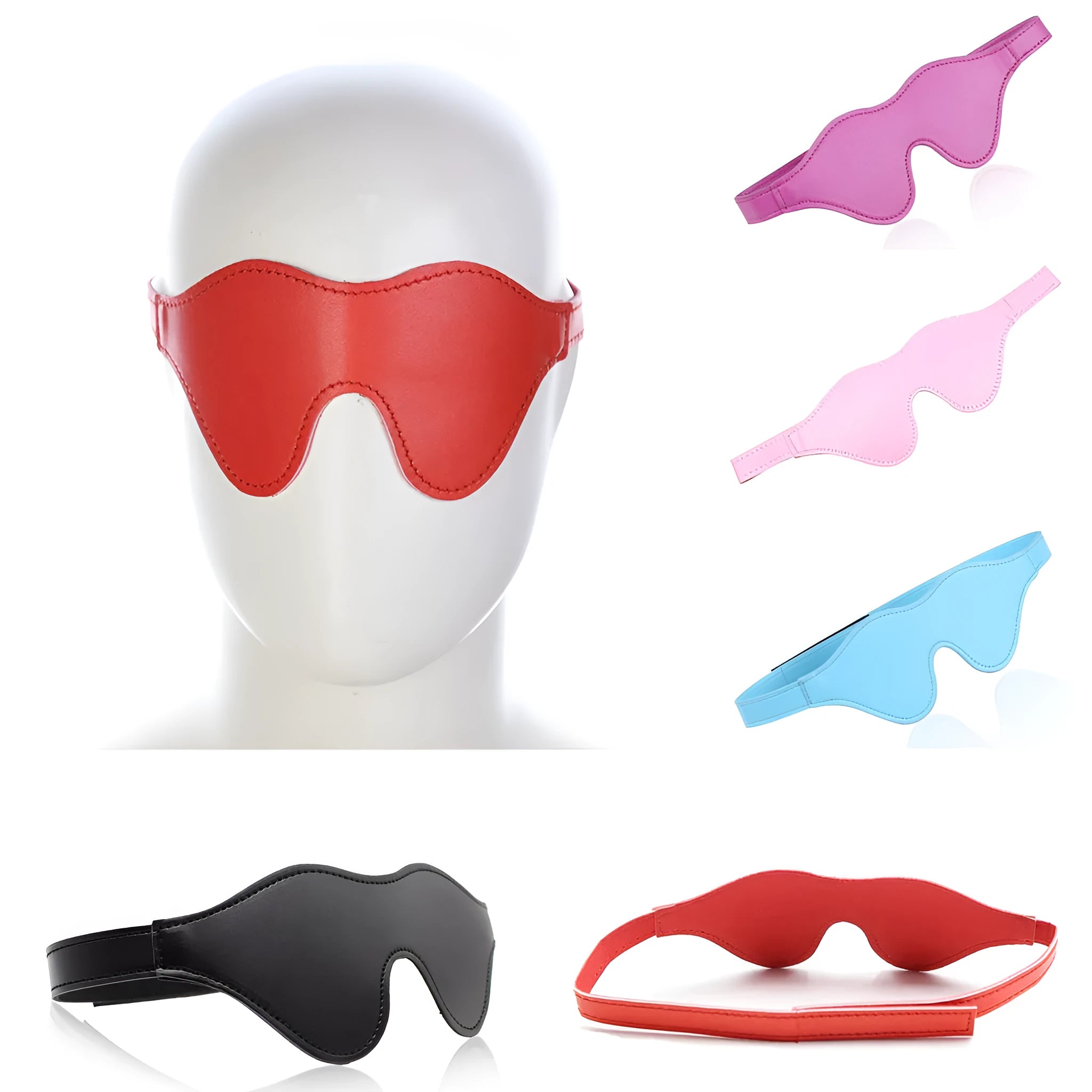 Women's adjustable velcro leather eye mask in five colour options showing three-dimensional design