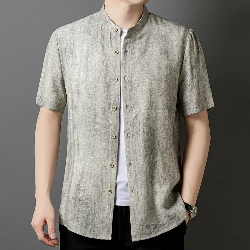 Men's loose fit linen blend shirt with a stand collar in black grey colour.