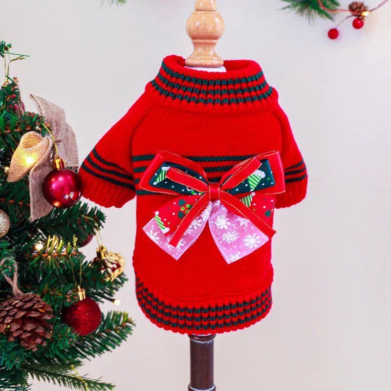 Red Christmas dog jumper on small dog showing polyester knit fabric and reinforced stitching