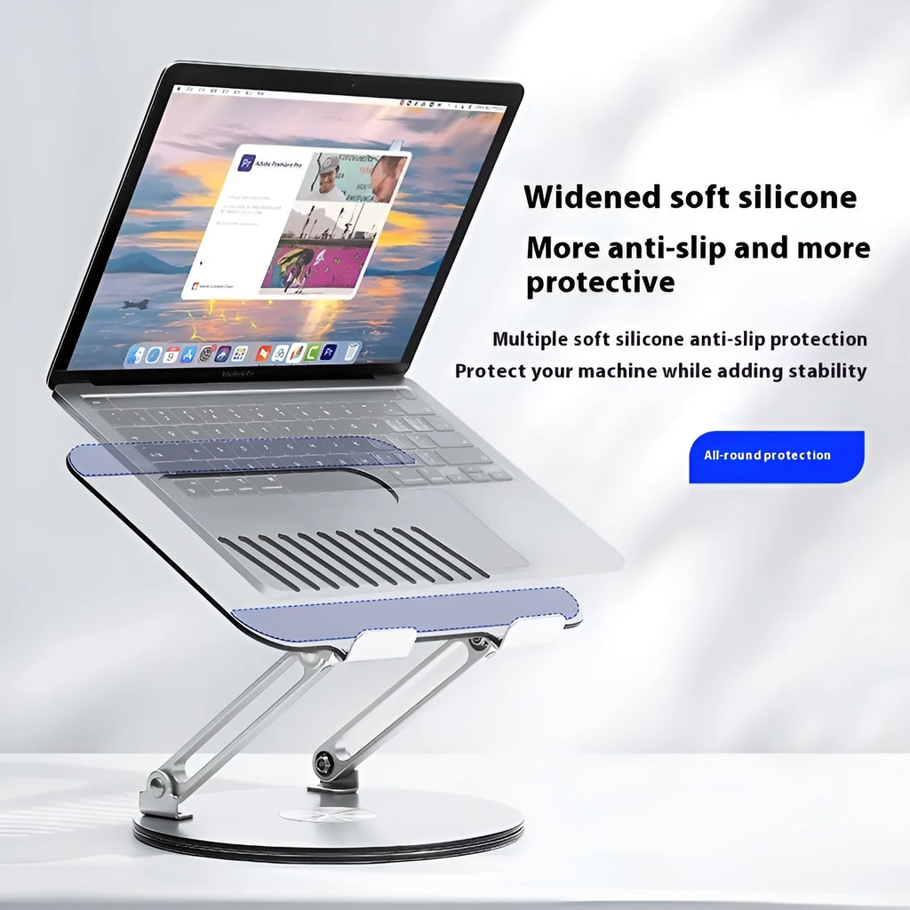 Silver aluminium alloy laptop stand folded flat showing dimensions and rotatable hinge mechanism