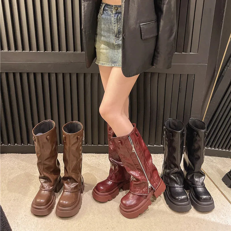 Platform Muffin Pants Martin Boots in black, brown, or wine red with high cylinder socks and rubber soles