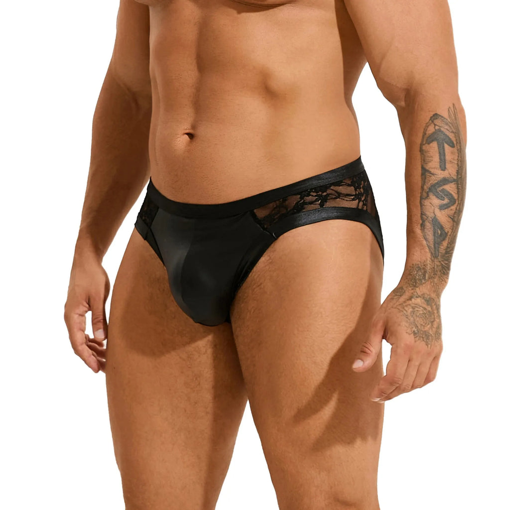 Black men's faux leather briefs with lace detailing and visible stitching.