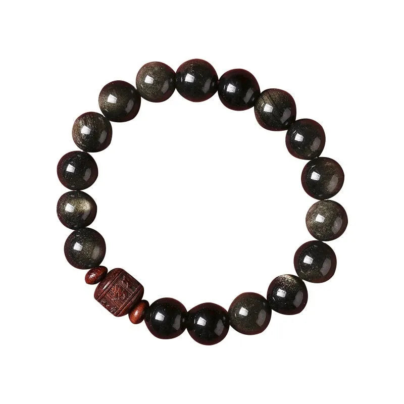 Hand-woven golden obsidian bracelet with 10mm round beads in vintage retro style