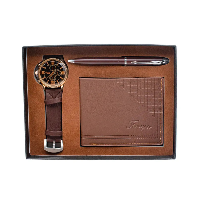 Creative Holiday Gift Wallet Pen Watch Set in brown or black with exquisite gift box, modern simplicity design