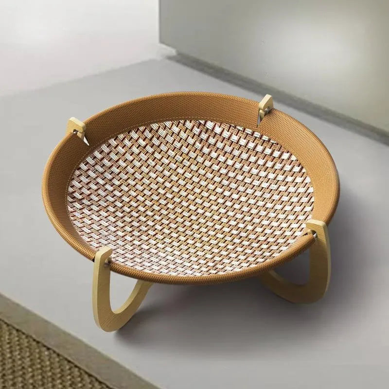 Brown woven rattan pet hammock measuring 46x46cm with 17.5cm elevation off ground