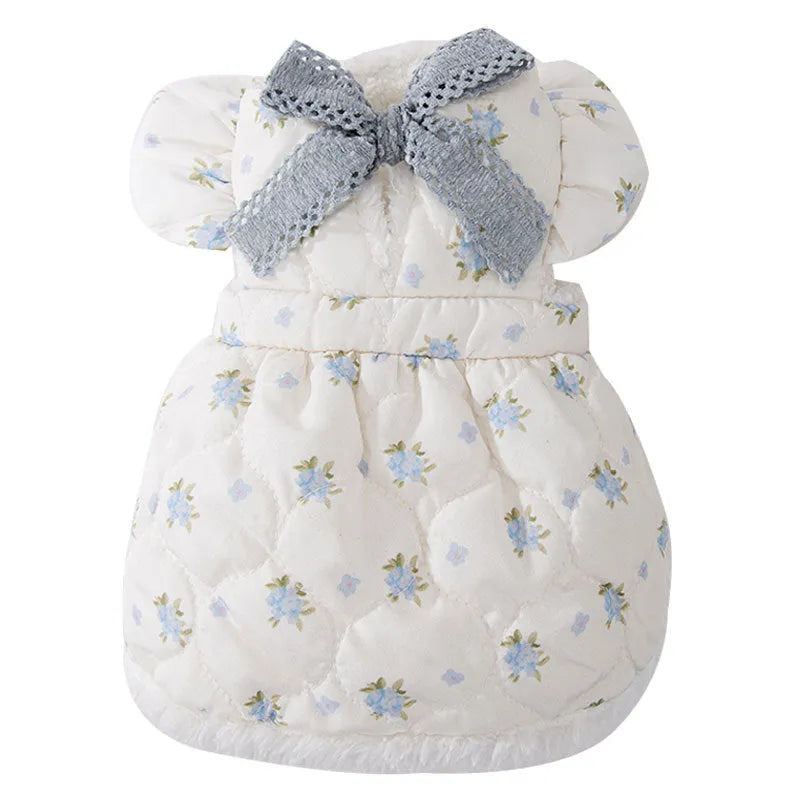 White thick dog dress with large bow, flower print and flannel lining for small dogs