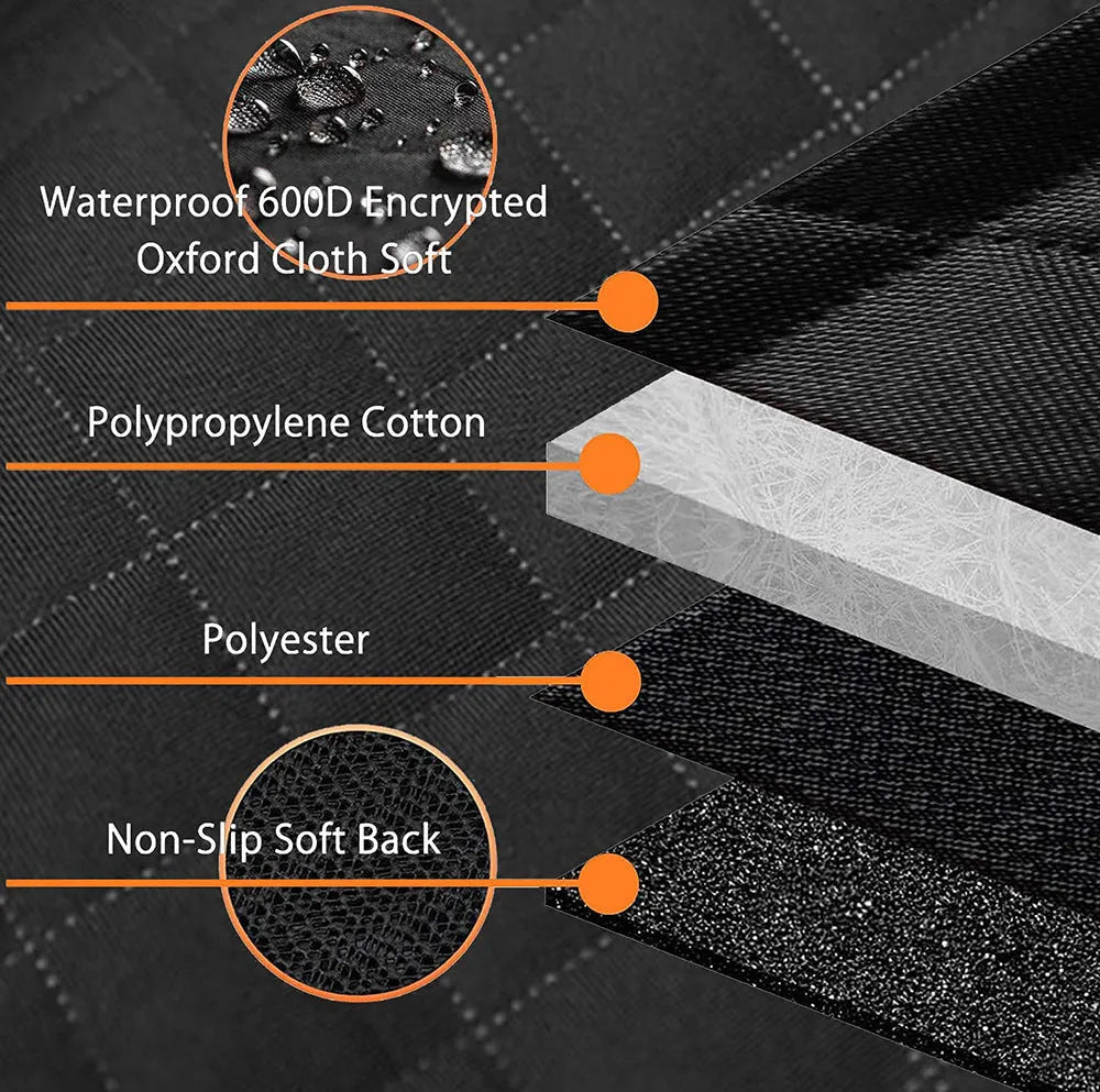 Black and orange waterproof pet car seat cover made from 600D Oxford cloth, shown on rear car seats.