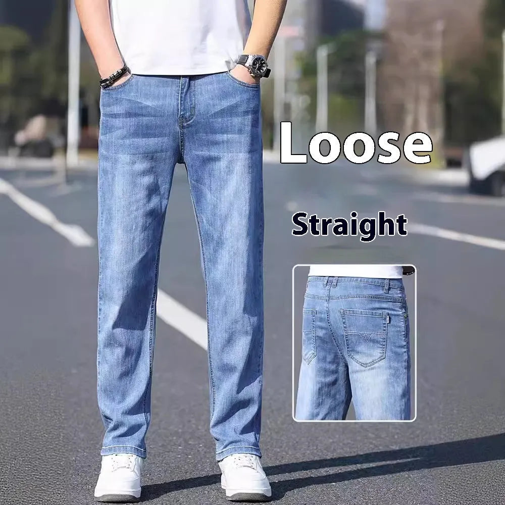 Men's tapered business casual trousers in thin stretch denim cotton fabric