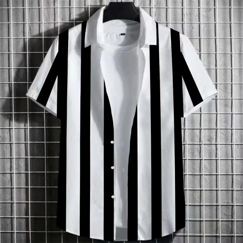 Men's linen short sleeve t-shirt with a simple striped 3D printed graphic on the front.