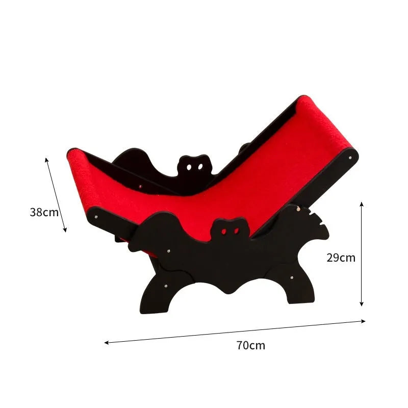 Wooden cat recliner with bat-shaped backrest in black and red Halloween colours