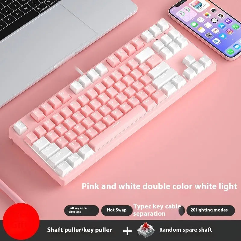 87-key wired mechanical keyboard with two-tone keycaps and metal frame, showing compact design and included tools