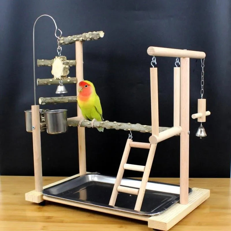 Natural pepper wood parrot stand with toy rack and textured tiger skin peony design.
