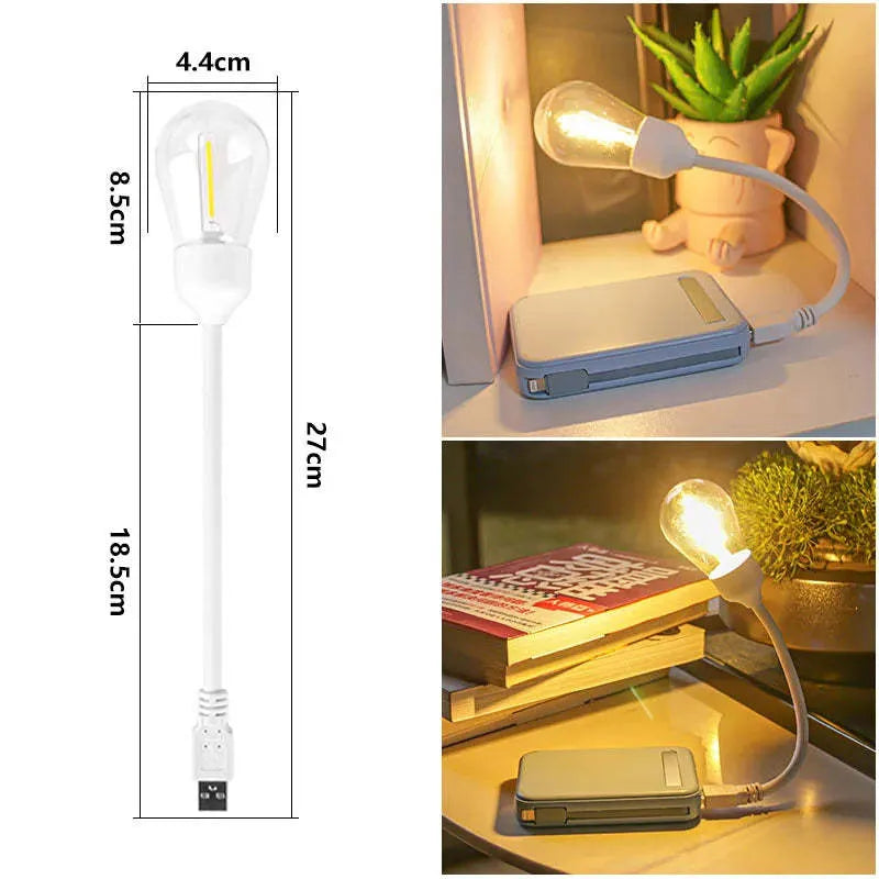 USB rechargeable folding tungsten night light with glowing S14 bulb on a table.