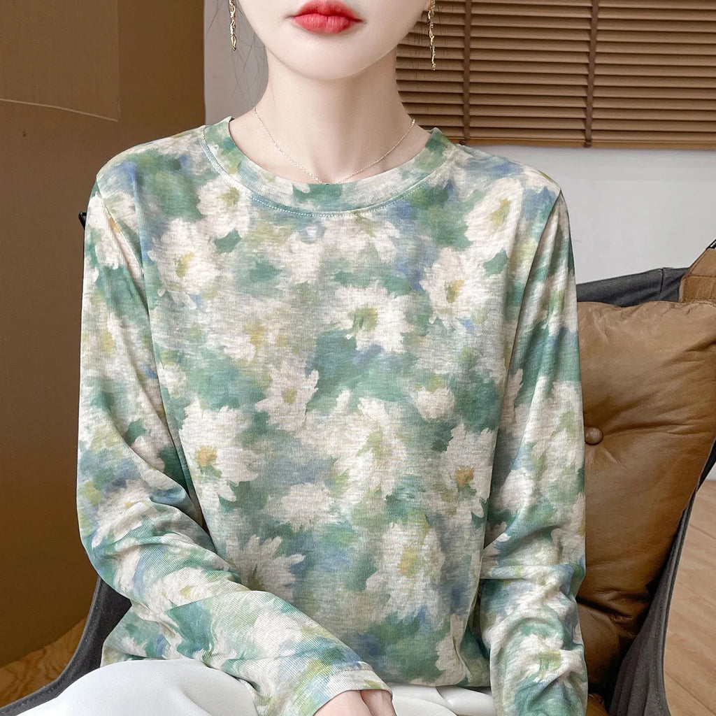 Round neck pullover shirt in Tencel cotton with floral printed design, available in multiple colours and sizes
