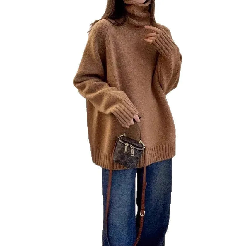 Women's loose-fit grey turtleneck sweater with thick curling pile collar, made of polyester mesh fabric.