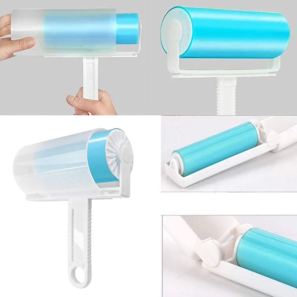 Washable lint roller in blue, green, pink, or yellow with cover, dimensions 17x10x4cm