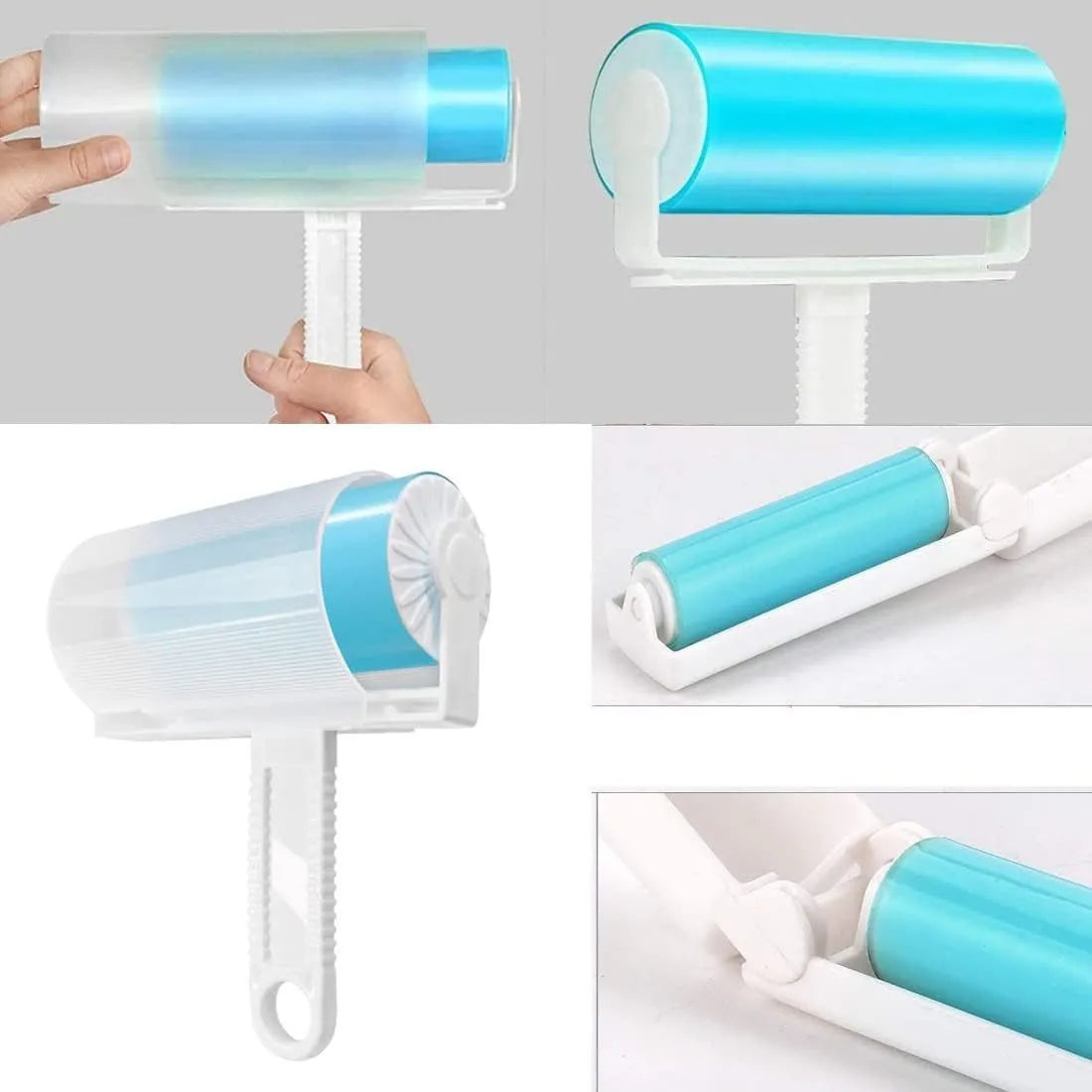 Washable lint roller in blue, green, pink, or yellow with cover, dimensions 17x10x4cm