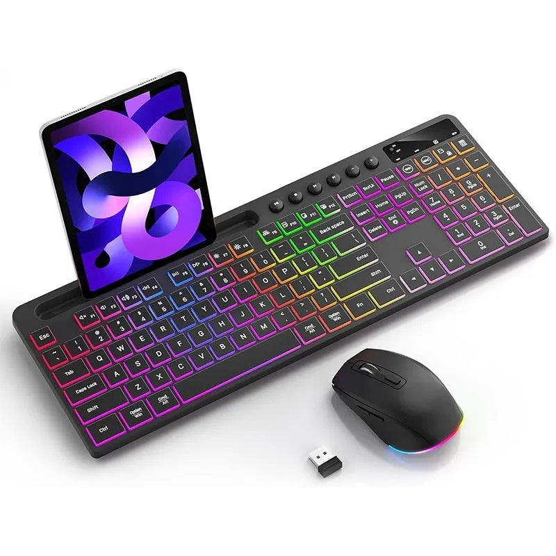 Wireless keyboard and mouse one-piece set with luminous keys and a card slot on a desk.
