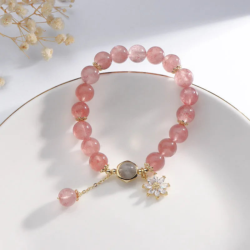 Strawberry quartz crystal bracelet with electroplated flower charm in mori Korean style