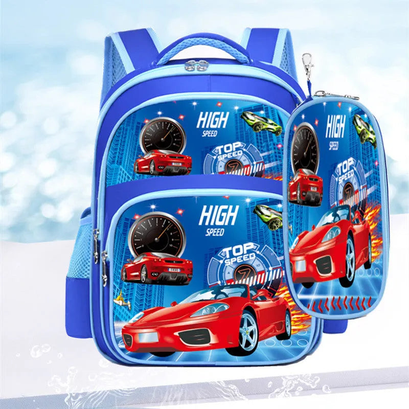 Blue cartoon school backpack with pencil case, showing front design and strap details