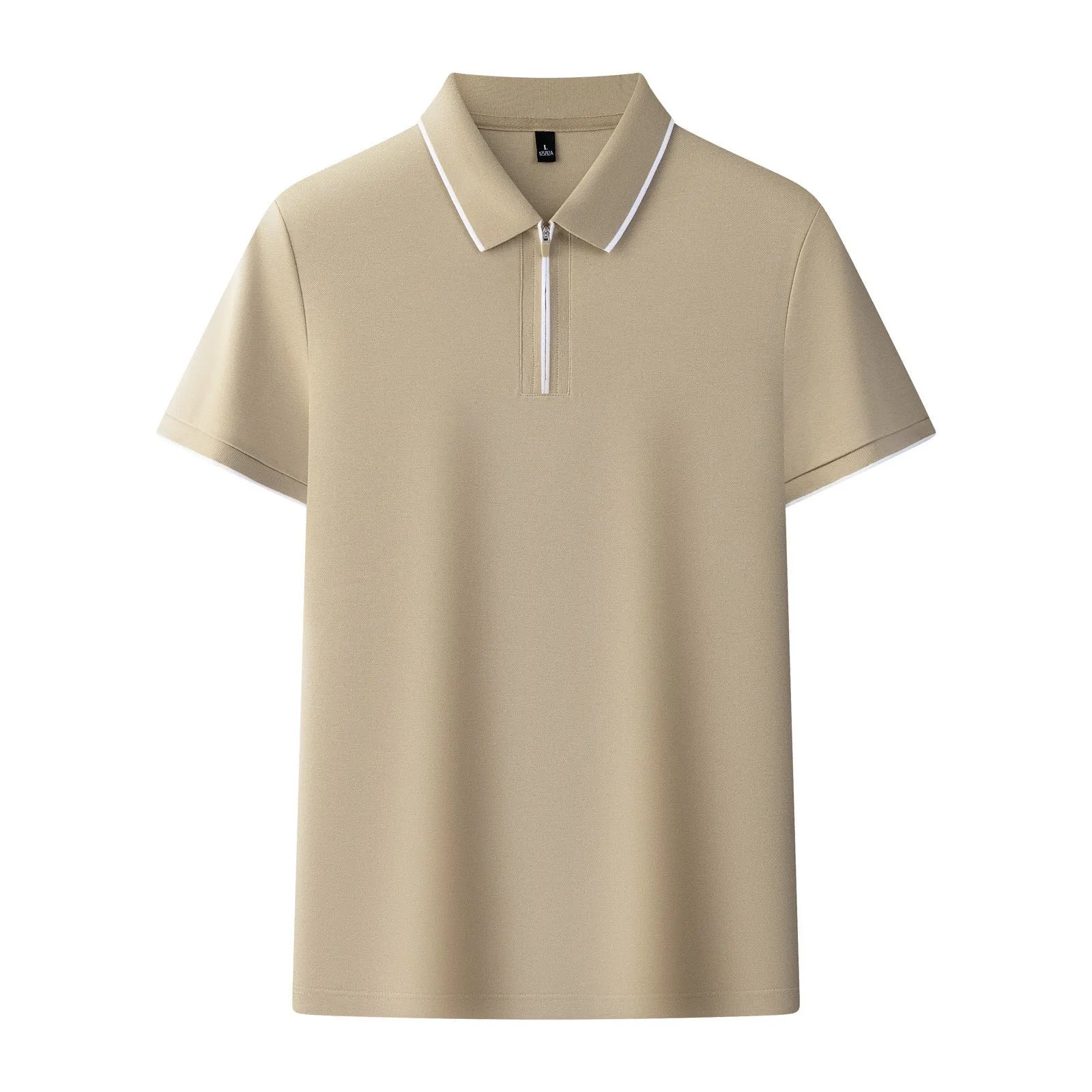 Men's solid colour polo shirt with a zipper front in beige apricot.