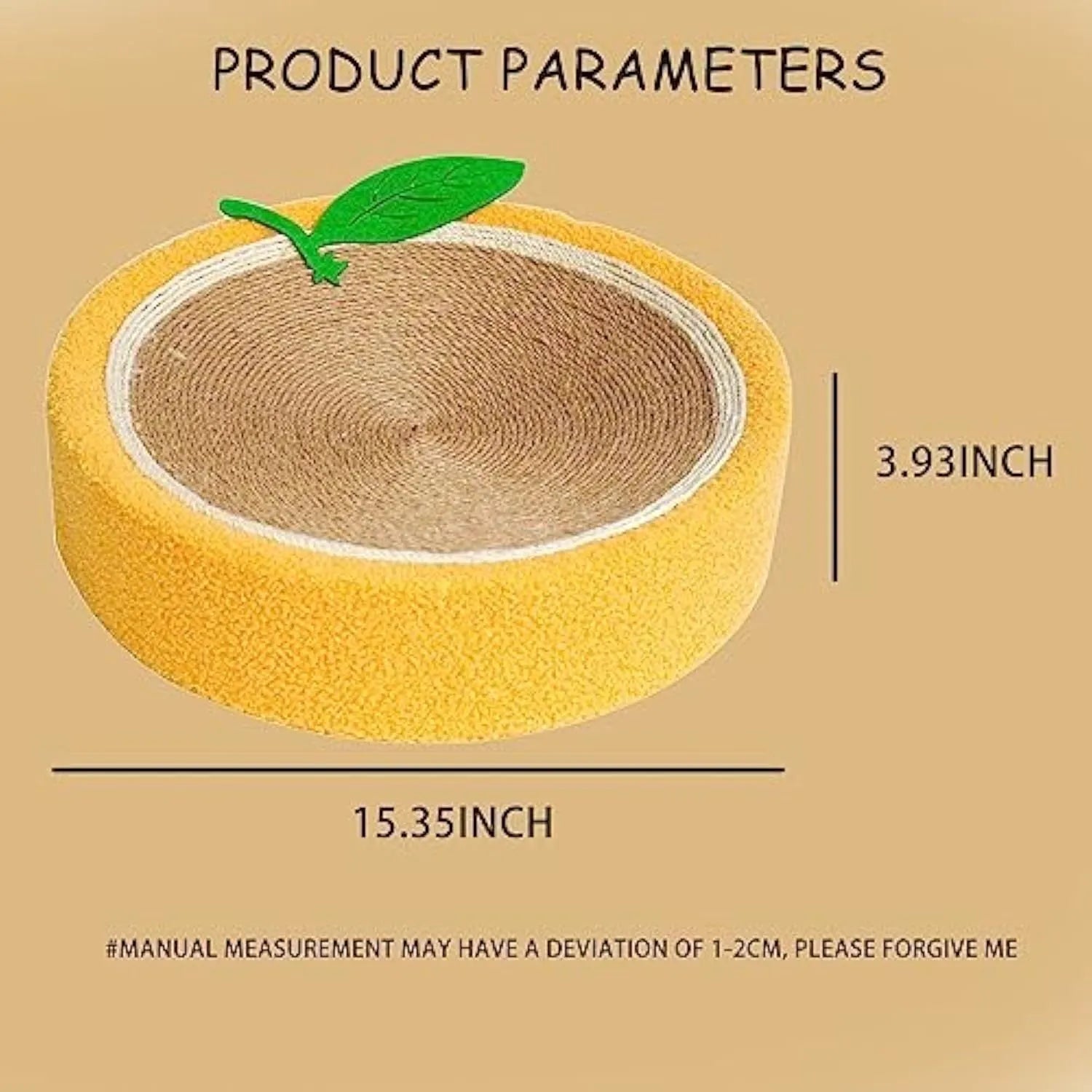 Yellow circular cat scratching board with sisal surface and concave centre for sleeping