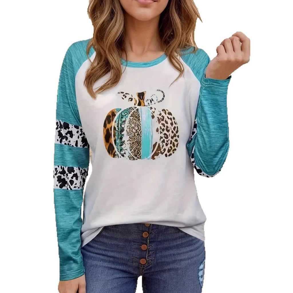 Sky blue casual T-shirt with Halloween pumpkin 3D printed pattern and long sleeves