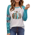 Sky blue casual T-shirt with Halloween pumpkin 3D printed pattern and long sleeves