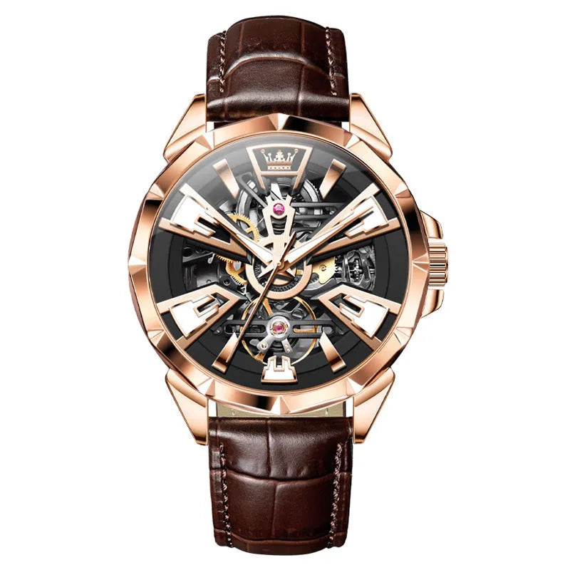 Men's automatic mechanical watch with transparent case back showing movement and 44mm barrel-shaped dial