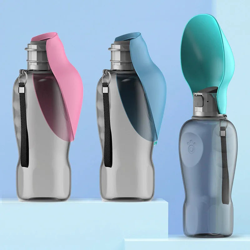 Blue grey portable dog water bottle with foldable drinking bowl extended, showing 800ml capacity.