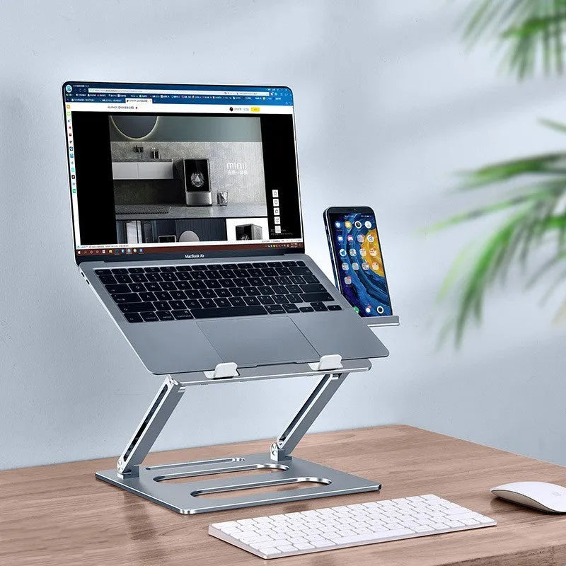 Adjustable metal laptop stand in silver or dark grey, aluminium alloy and silicone, 260x248x35mm, 340mm lift