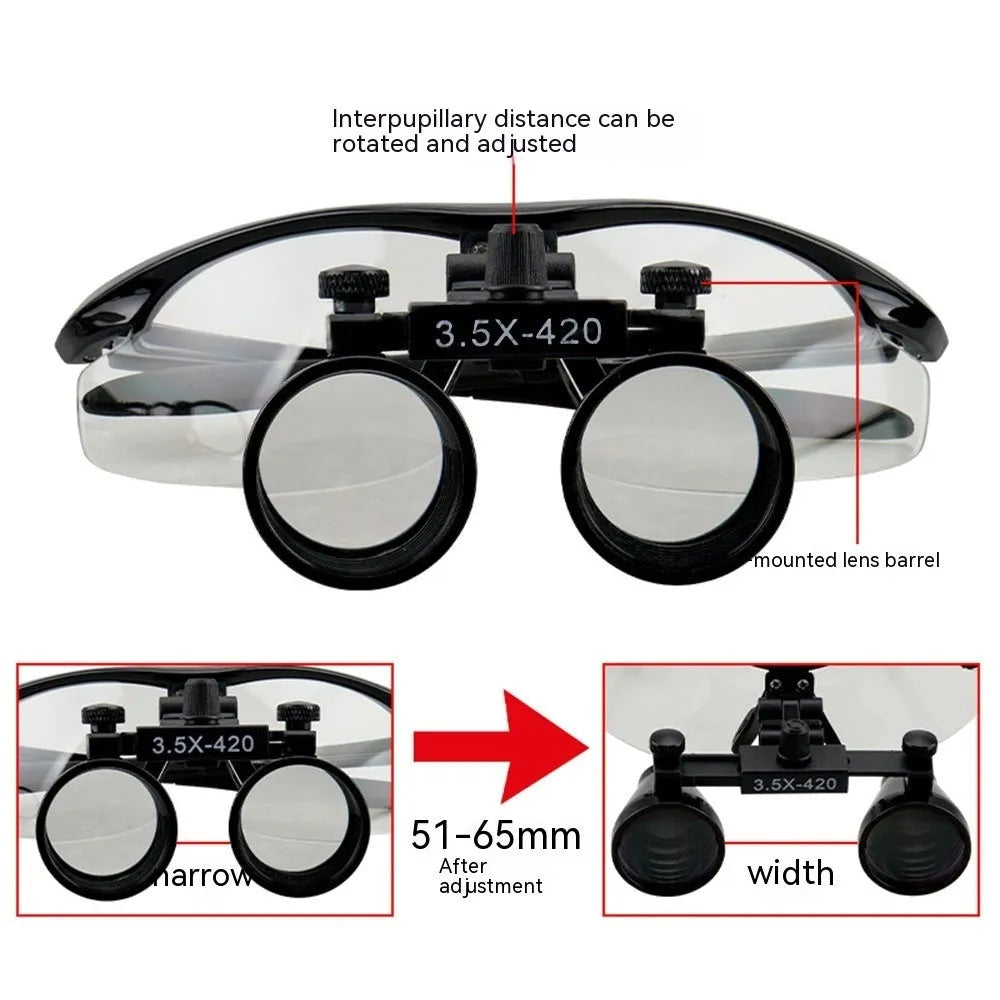 Black head-mounted dental magnifying glass with LED light, showing adjustable arms and large 420mm diameter lens
